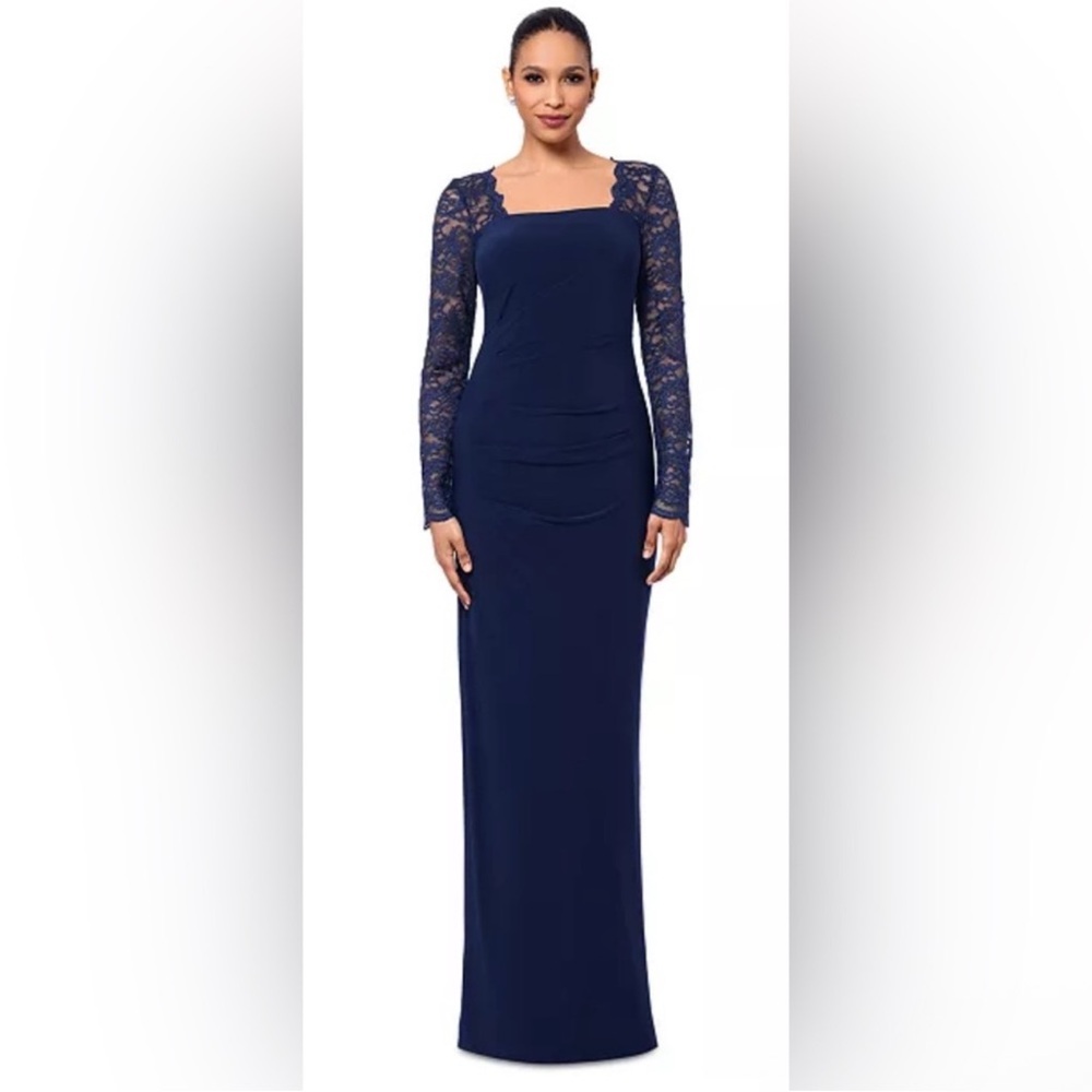 Betsy & Adam Navy Long Sleeve Lace Dress